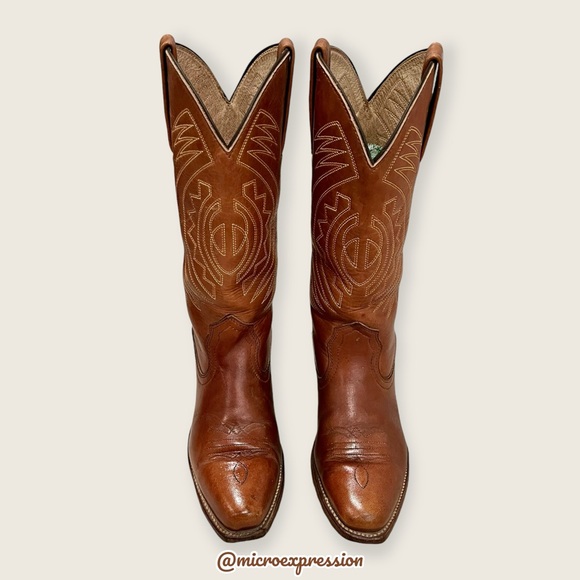 1980s VINTAGE Frye Aztec Geometric Leather Brown Cognac Embroidered Cowboy Boot - Picture 6 of 15